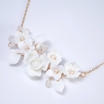 Ceramic White Rose Flower Natural Pearl Necklace, Bridal Necklace, Statement Necklace, Gift For Her.
